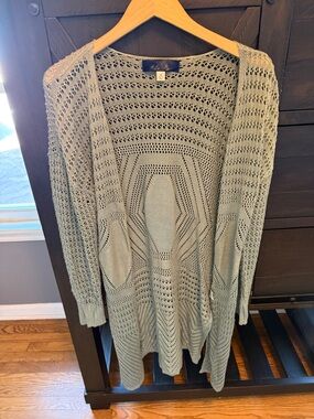 Blue Rain Open-Knit Long Cardigan in Sage